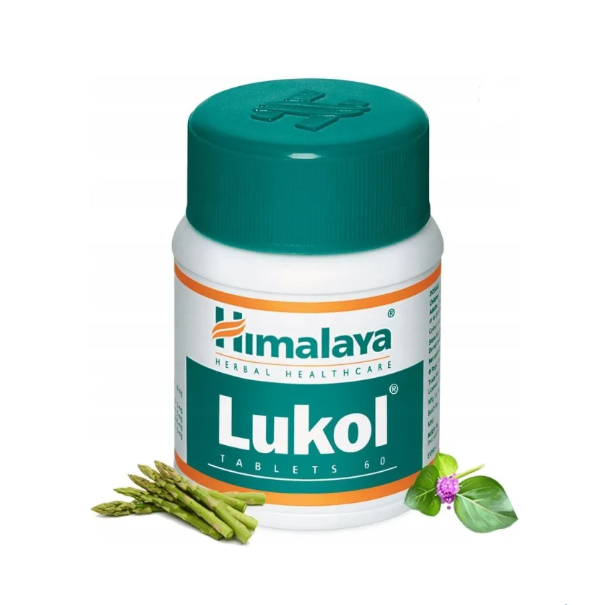 Butelka suplementu Lukol firmy Himalaya z zielonym zamknięciem i ziołami.